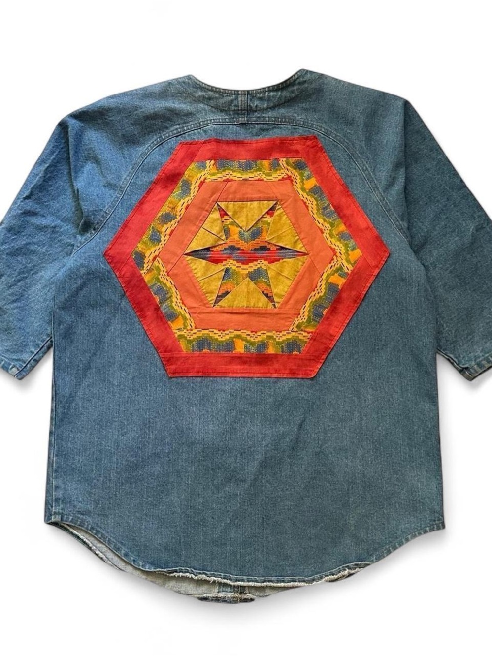Vintage 90s Blue Denim Smock Shirt with western Red & Yellow Patchwork Back L